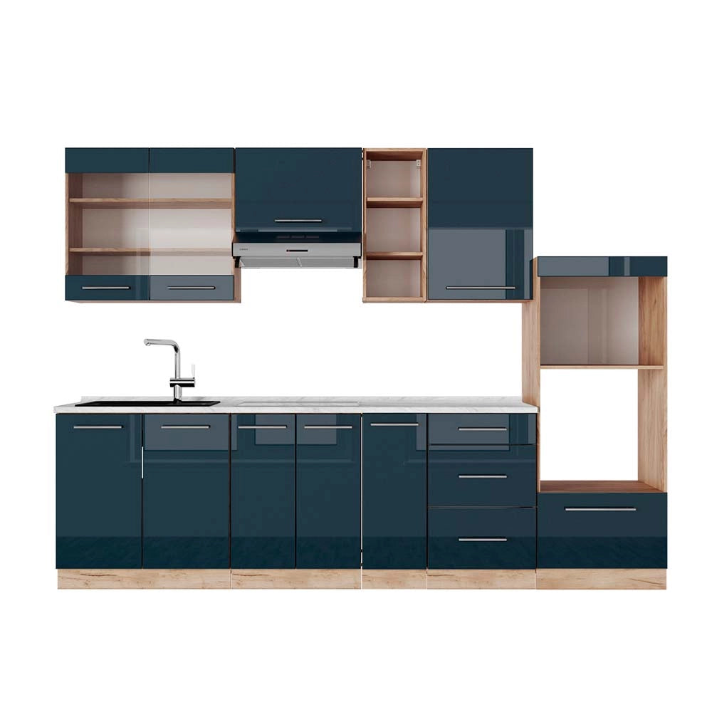 Cucina componibile Fame-Line Blu scuro lucido/Rovere dorato 280 cm, PL Marmo Vicco