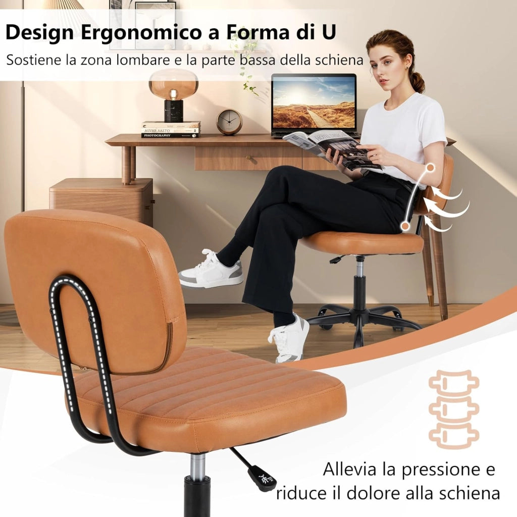 Sedia da Ufficio, Sedia da Scrivania senza Braccioli con Ruote, Altezza Regolabile con Rotazione a 360°, Sgabello per Scrivania con Ruote, Portata 135 kg