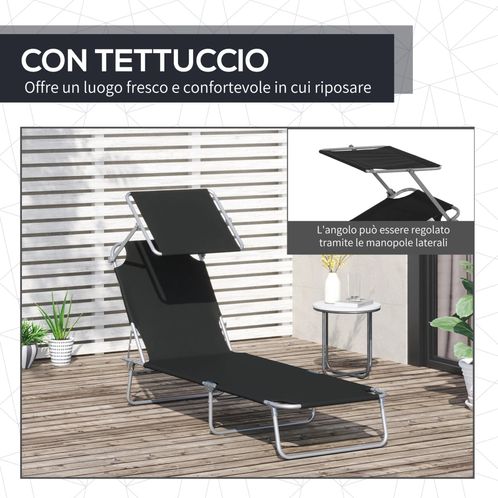 EasyComfort Lettino Prendisole da Giardino Pieghevole e Regolabile con Tettuccio in Tessuto Nero, 187x58x50 cm