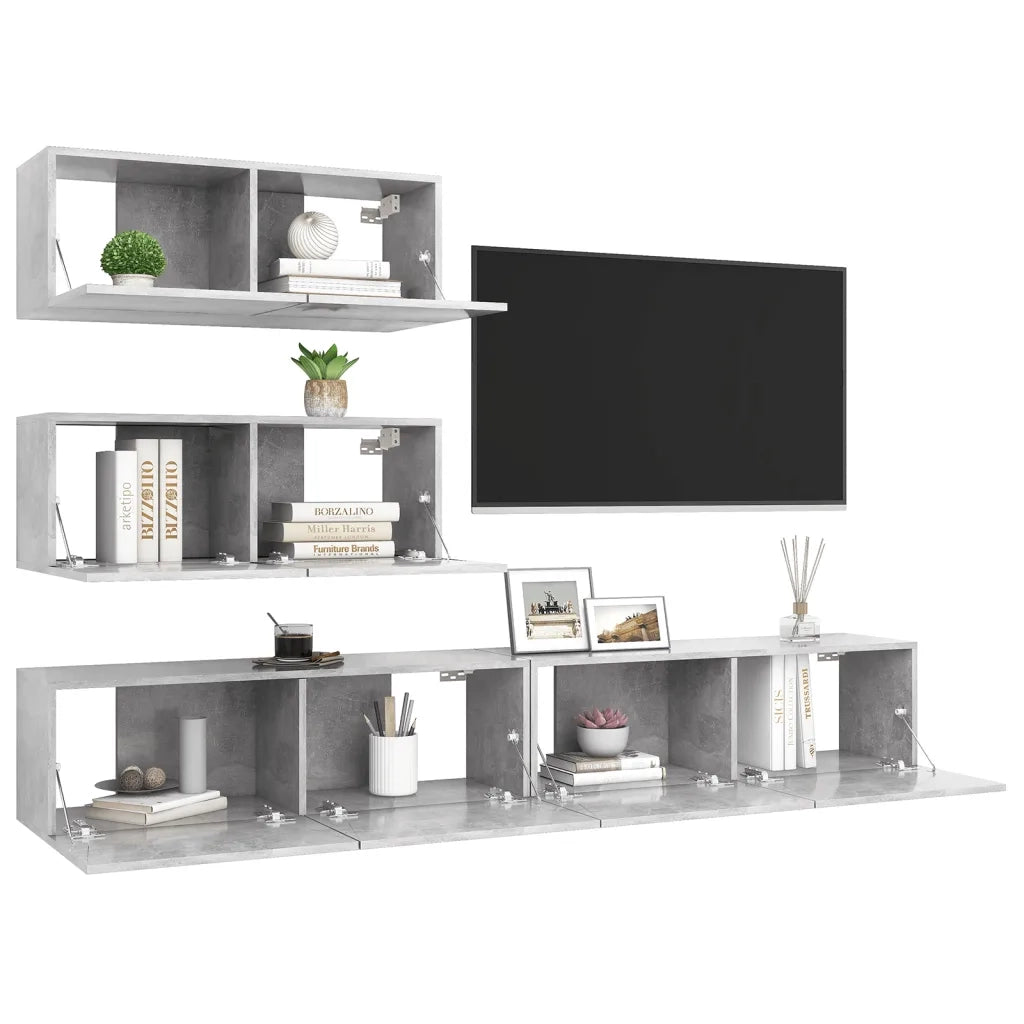 Set di Mobili Porta TV 4 pz-Set di 4 Credenza per TV Grigio Cemento in Legno Multistrato 235853