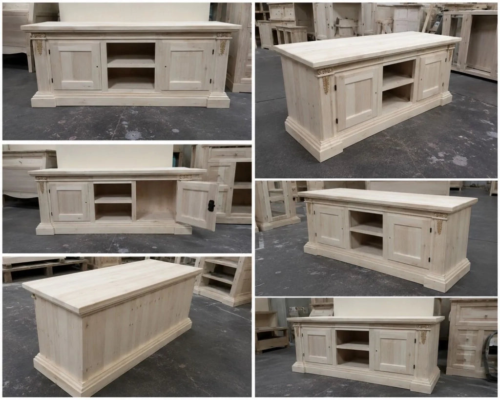 Porta tv 2 porte in legno grezzo arte povera  l.158 p.60 h.62 (401) - Mobili 2G