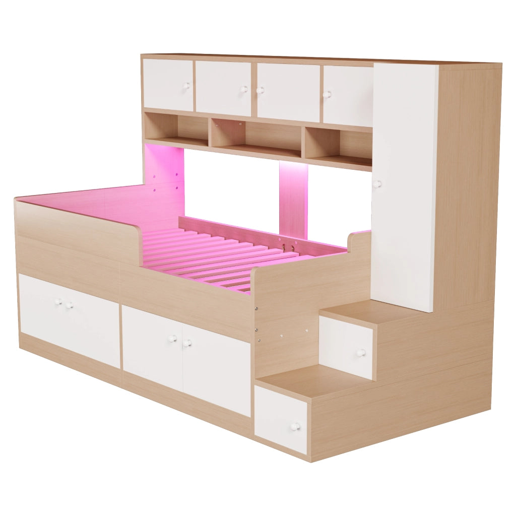 Letto Bambini in Legno con Contenitore, Armadio, LED e Scaletta ¨C MINIMAL ¨C 90x200