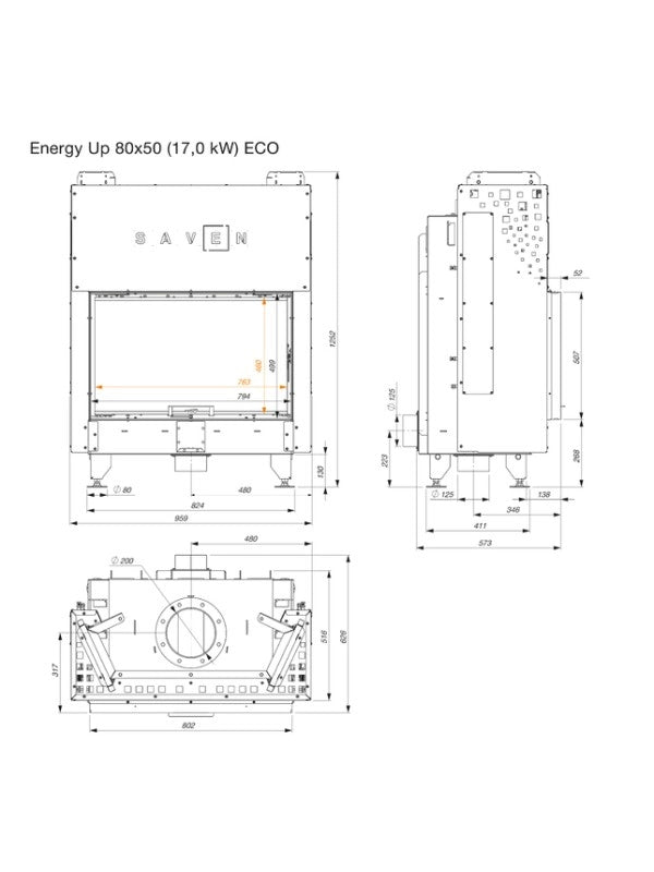 Inserto per camino a legna Nero - Energy Up 80x50 (17,0 kW) ECO
