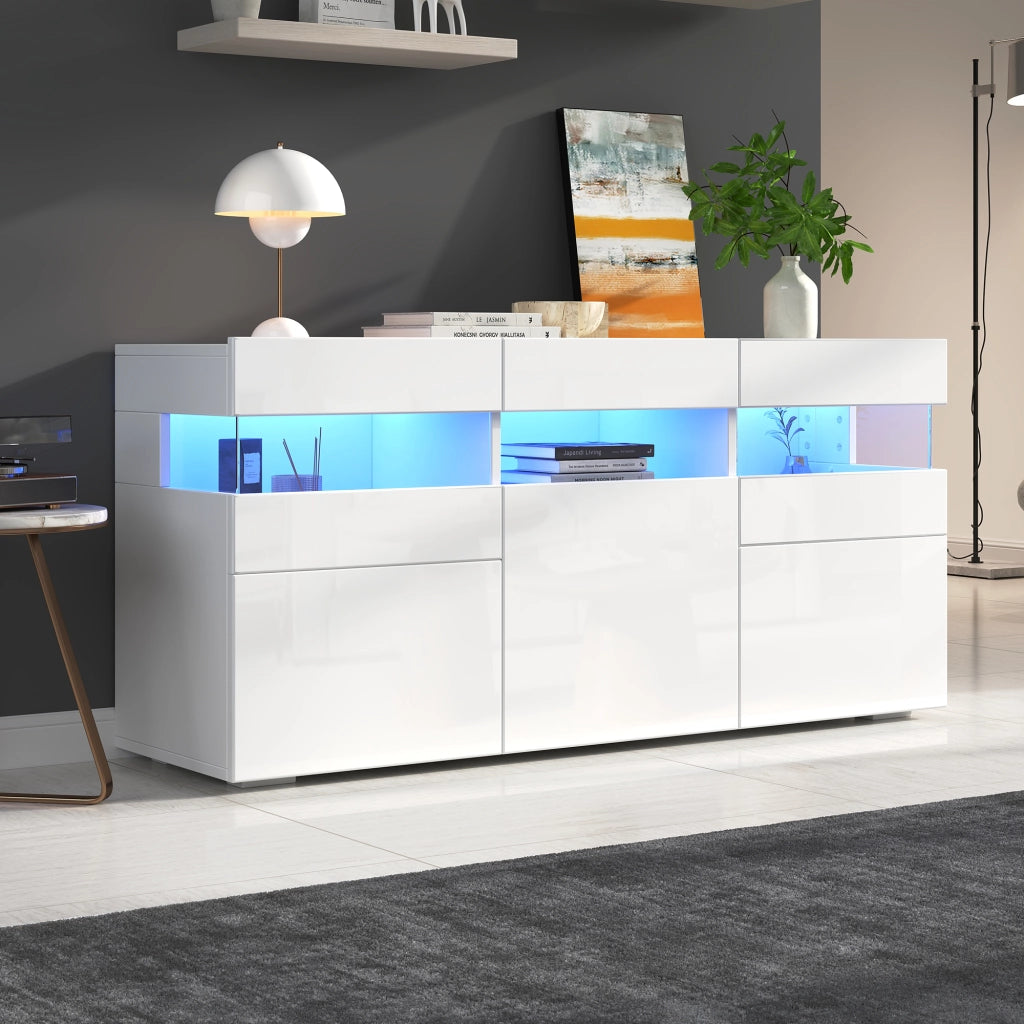 Credenza con LED e 3 ante, 7 vani e vano semiaperto, frontale lucido, per soggiorno, bianca, 140 × 40,5 × 66,5 cm