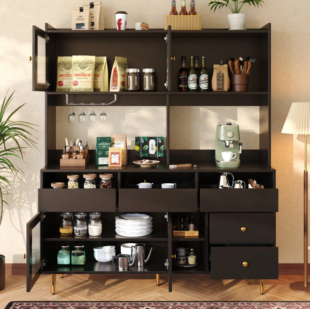 Credenza 145x39x171 cm con ante in vetro Changhong e portabottiglie; MDF e metallo; nero