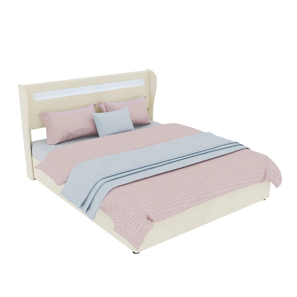 Letto Contenitore Imbottito con LED ¨C MINIMAL ¨C Beige 160x200 con Materasso