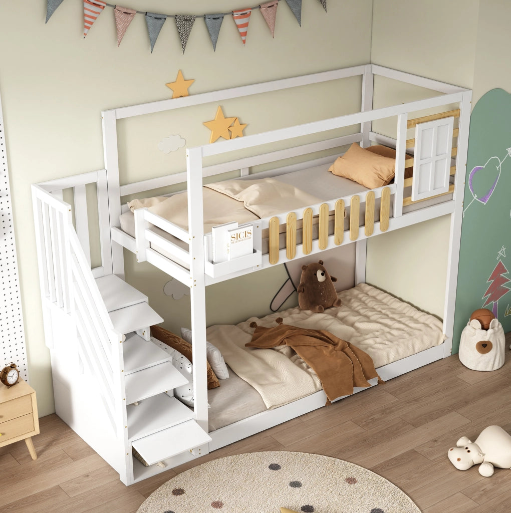 Letto a castello 90x200 cm con scala e vani portaoggetti in legno e MDF bianco naturale