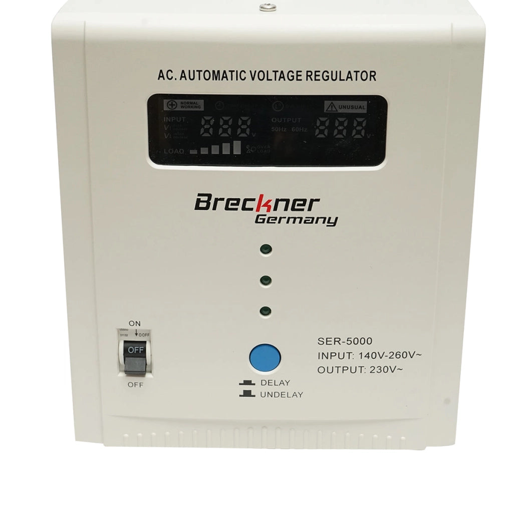Stabilizzatore di tensione automatico 5000VA con relè monofase, 2 prese schuko 230V, display LCD Breckner Germany