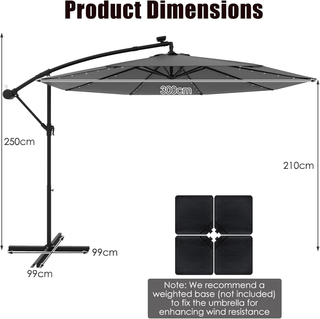 Ombrellone da Giardino 3m con Luci Solari, Ombrellone da Patio Anti UV con Base Croce, Ombrellone a Manovella da Esterno con Regolazione Inclinazione per Cortile, Piscina