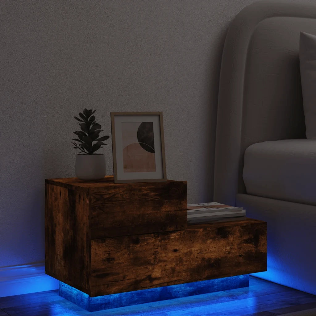 Comodino con Luci LED-Tavolino da notte Rovere Fumo 70x36x40,5 cm