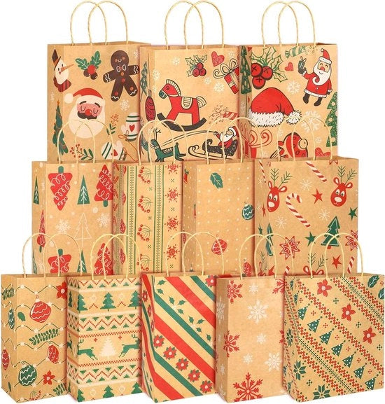 Zak da Regalo per Natale 12 pezzi - Borse di Natale di medie dimensioni con maniglia - Borse per regali di Natale per trattative - Ideale per regali di Natale per il festeggiamento