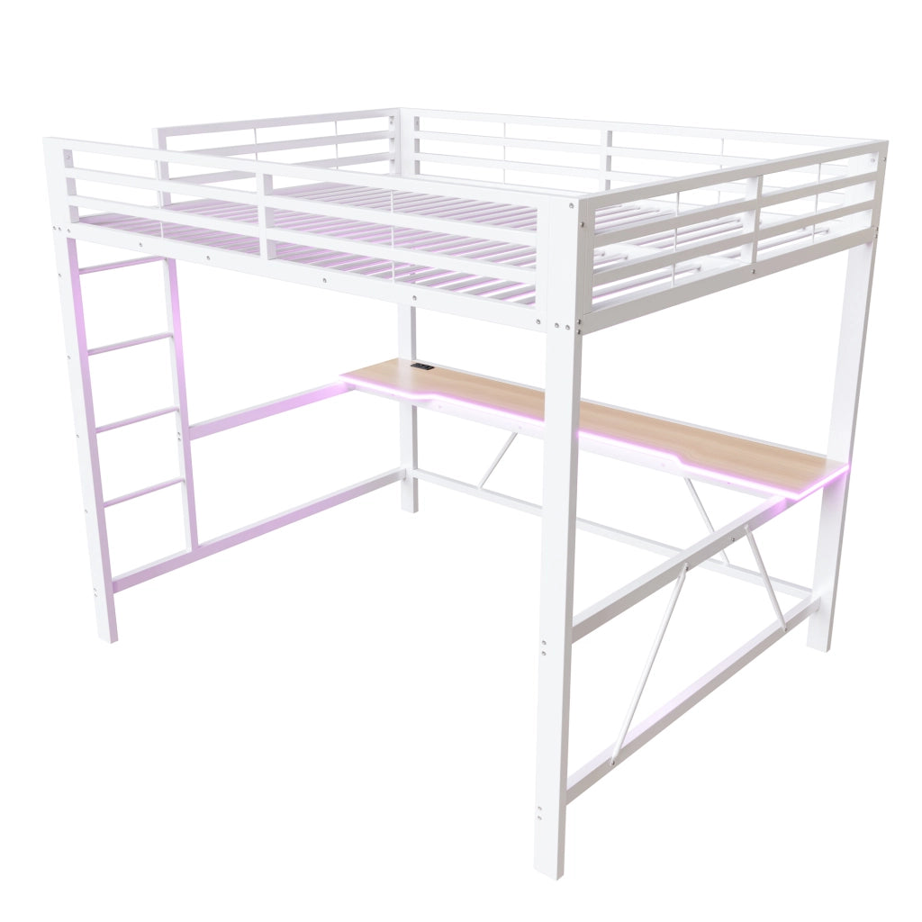 Letto a Soppalco 160x200 cm; Letto Singolo con Scrivania; LED; Guardrail - in Metallo; Bianco