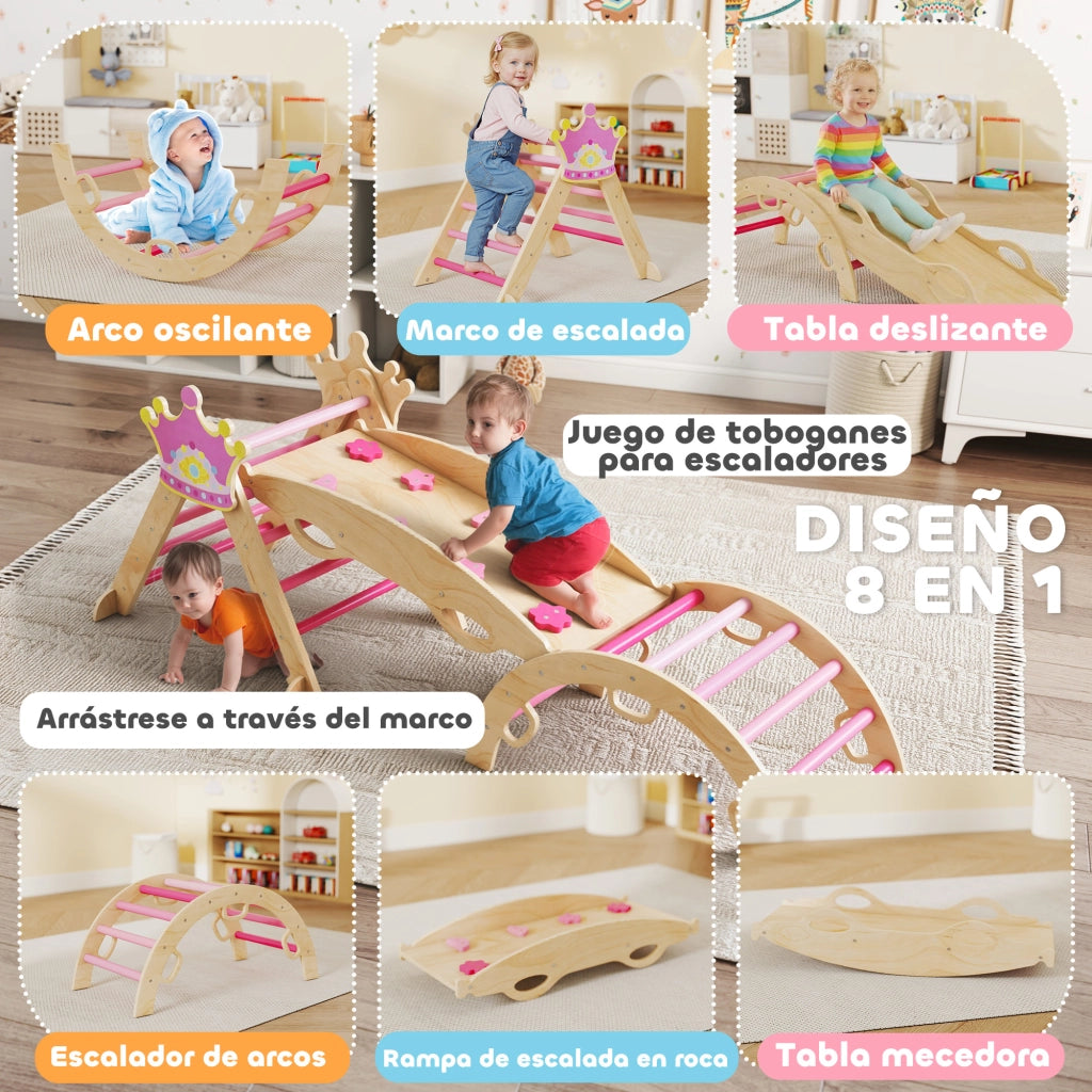 Triangolo Montessori 8 in 1 ¨C Xylo ¨C Legno Naturale con Arco e Rampa Rosa