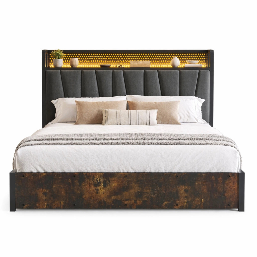 Letto matrimoniale 160x200 cm in lino grigio con LED RGBW, testiera con prese e USB, contenitore, senza materasso