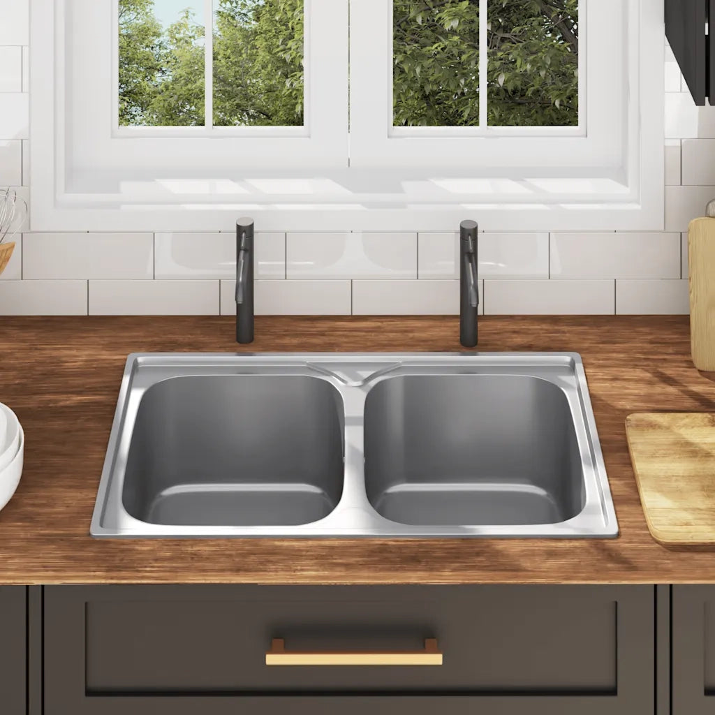 Lavello da Cucina Doppio con Filtro e Sifone-Lavandino-Lavabo in Acciaio Inox 396707