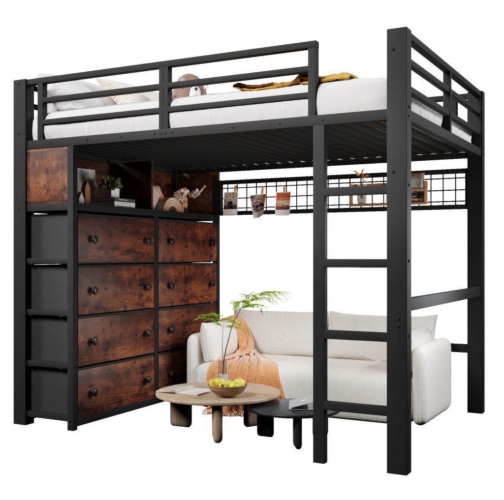 Letto a soppalco 140x200 cm nero con LED, 8 cassetti e ripiani