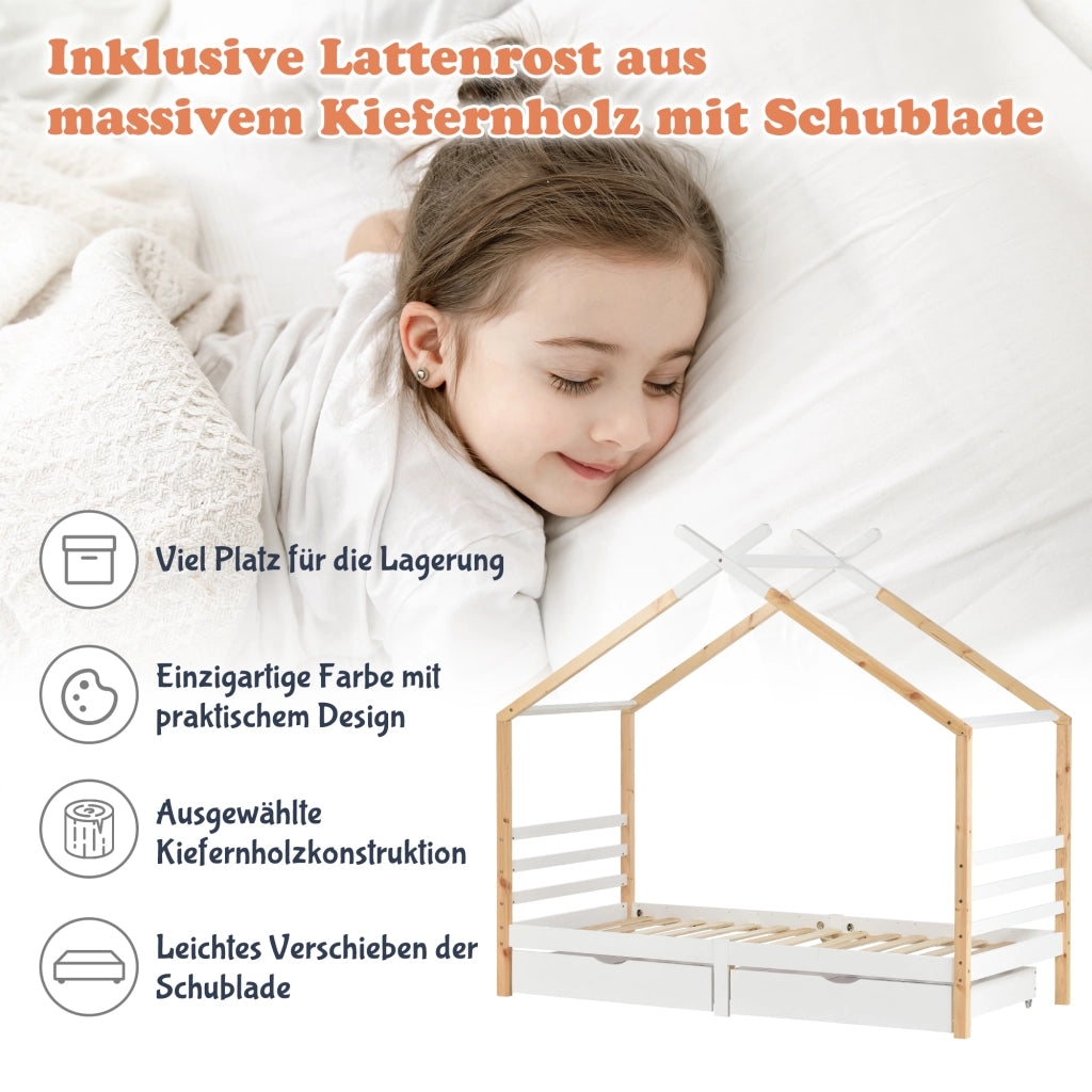 Letto a casa per bambini bianco con cassetti in legno massello di pino 90x200 cm