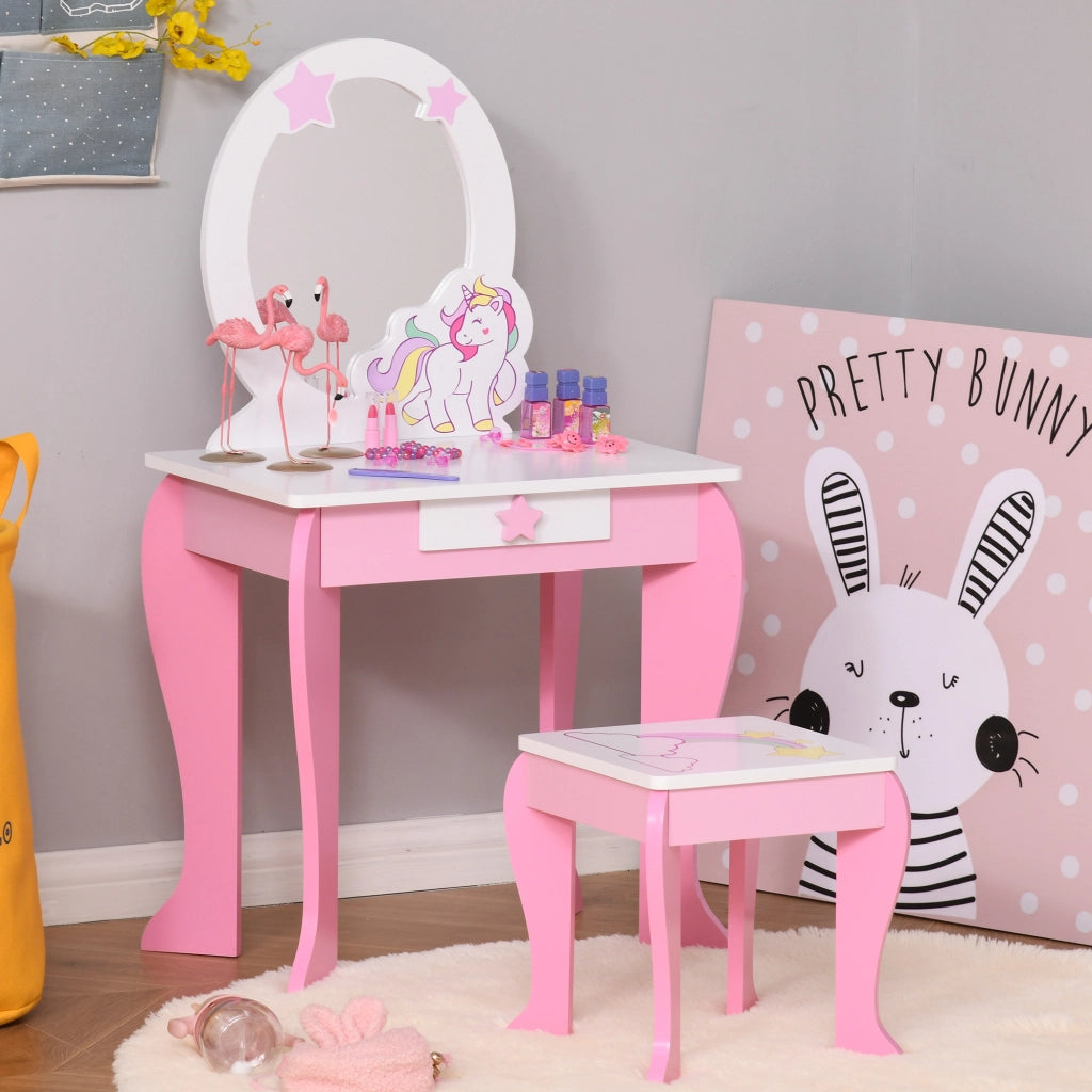 Toeletta bambini forma unicorno con sgabello ¨C Xylo ¨C rosa bianco MDF 49x34x90cm
