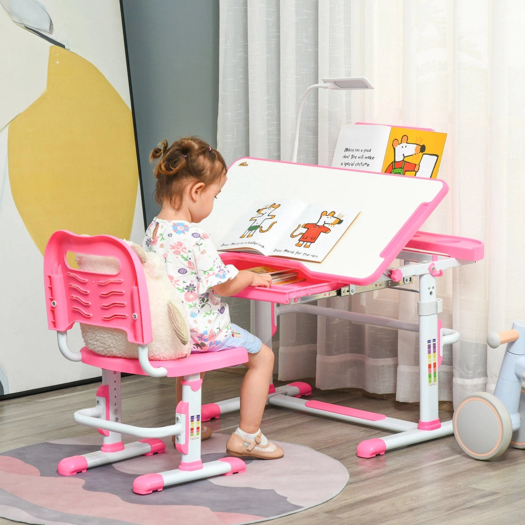 Banco Scuola per Bambini Piano Inclinabile con Luce e Sedia Regolabile Rosa