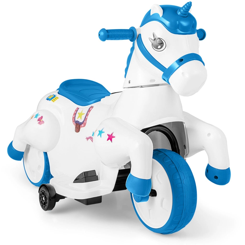 Giocattolo unicorn a cavallo 12V con ruote di addestramento modalit¨¤ di equitazione, Cavallo a batterie per bambini Blu