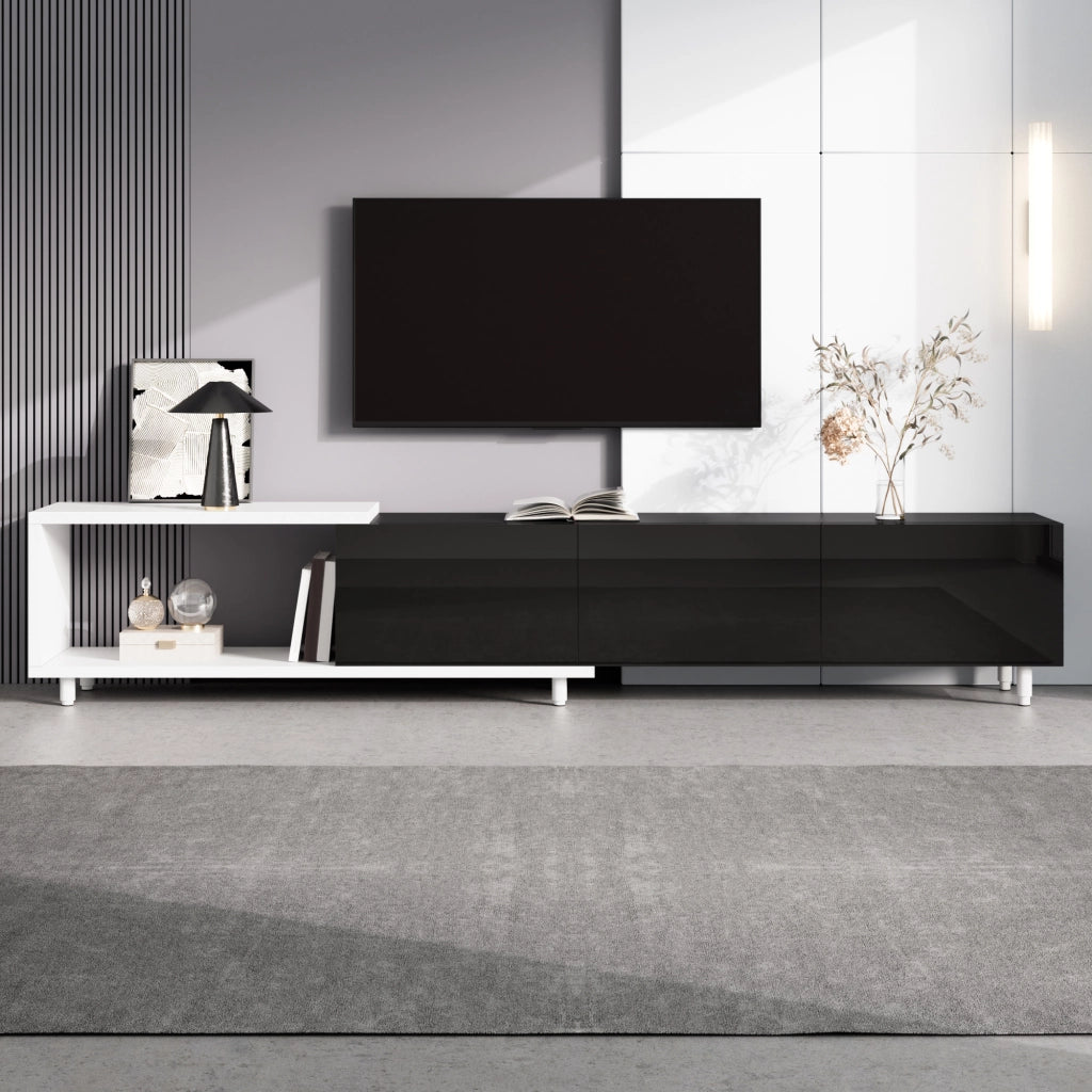 Cassettiera per TV nera e bianca in MDF e truciolare lunghezza 258 cm