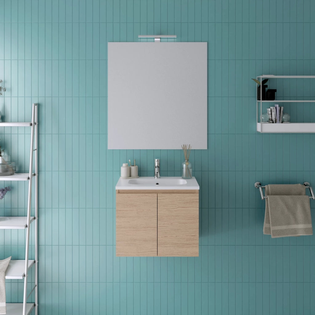Mobile da bagno sospeso 60cm rovere chiaro con lavabo e specchio | Rata
