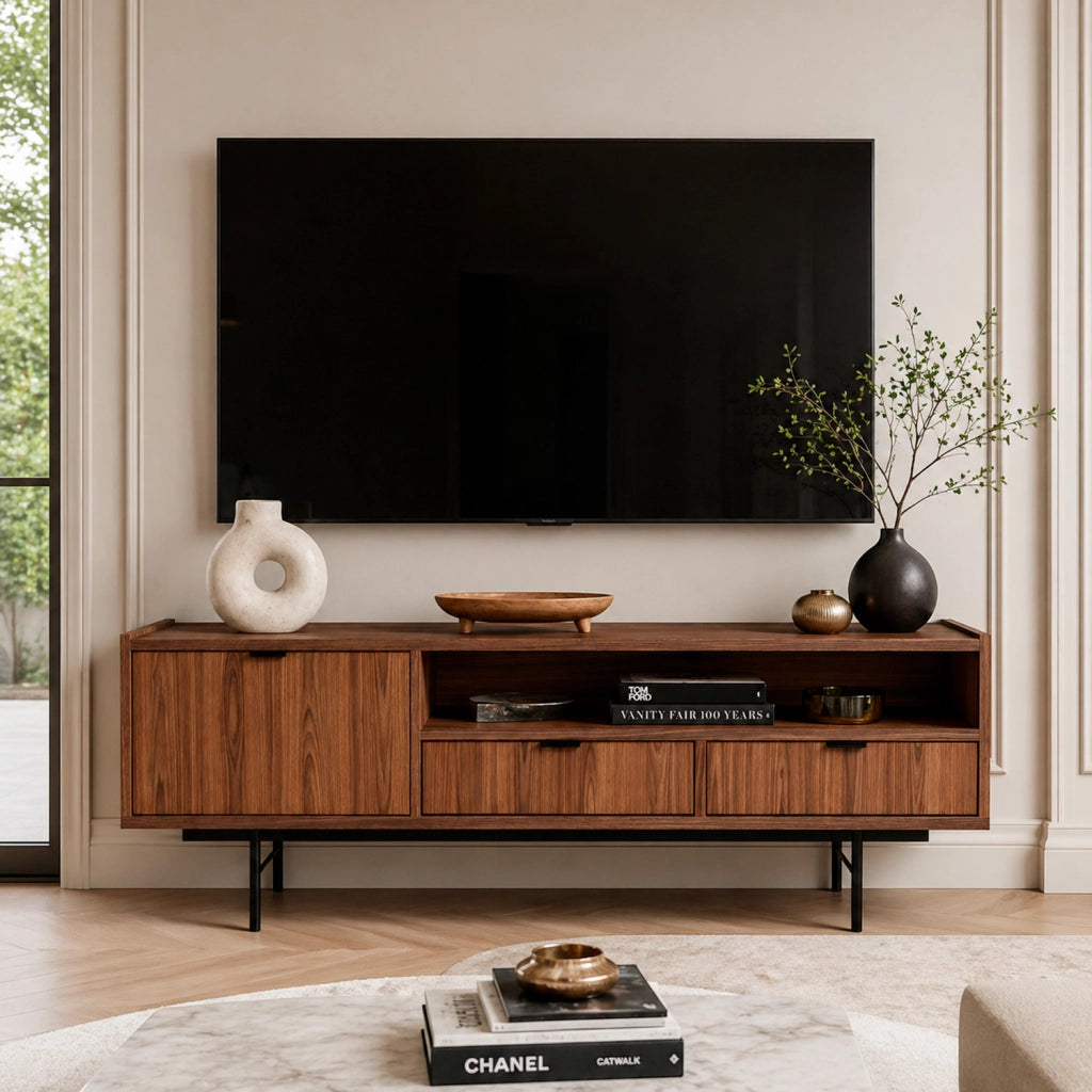 Mobile Porta TV Moderno In Melaminico 1 Anta A Ribalta 2 Cassetti Con Vano A Giorno E Passacavo Per Soggiorno Salotto Zona Living Design Contemporaneo 150 X 40 X 55 Cm Noce