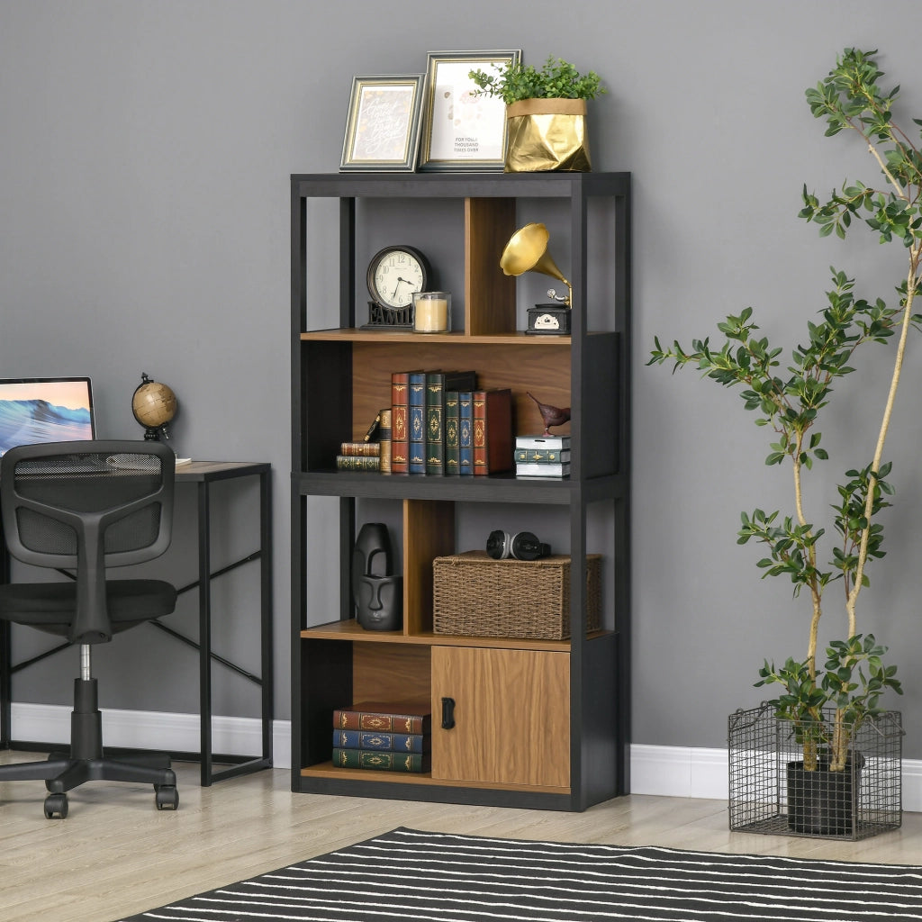 Mobile Libreria 4 Livelli Aperti con Armadietto, in Truciolato e MDF, 76.5x30x150 cm, Marrone e Nero