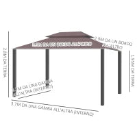 Gazebo da Giardino 3x4m con Doppio Tetto, Zanzariera e Tende, Alluminio e Poliestere, Color Caffè