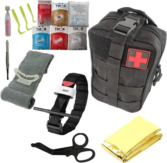 Kit di pronto soccorso militare con strisce di garza israeliana 15 cm, tourniquet, forbici, pinza e mantella di sopravvivenza - Ideale per escursioni in famiglia, auto, camminate e airsoft