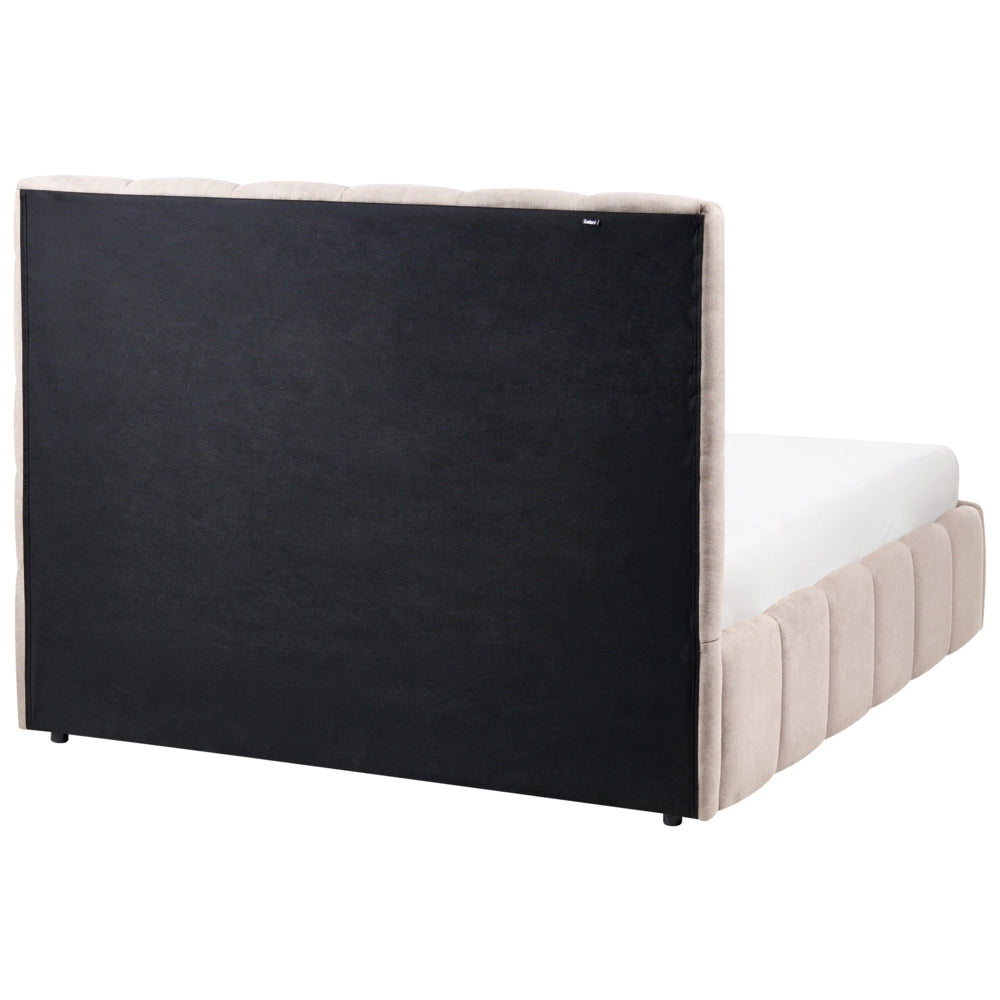 Letto matrimoniale contenitore con trapuntatura verticale in tessuto tortora 140x200 cm struttura sollevabile e testiera alta