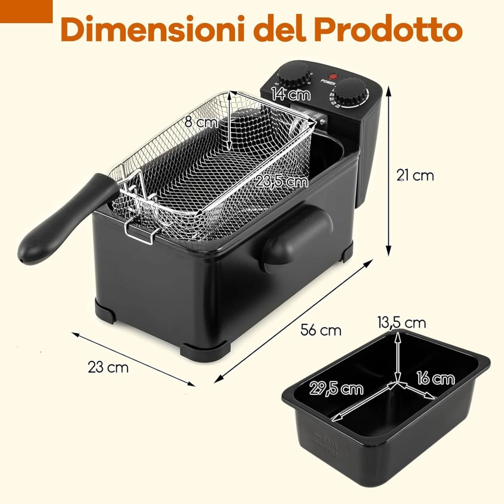Friggitrice ad Olio 3 L, 1700W Friggitrice Elettrica Professionale con Cestello Estraibile, Coperchio con Finestra, Timer e Termostato Regolabile 149-190°C