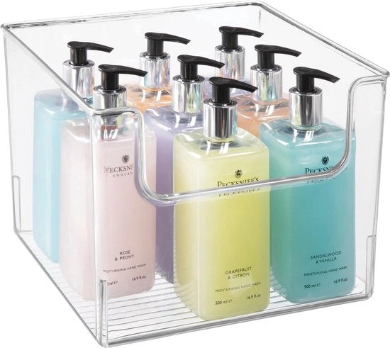 Cassa di stoccaggio per la stanza da bagno, scatola quadrata in plastica per articoli da bagno, organizzatore ideale per cosmetici e trucco, trasparente