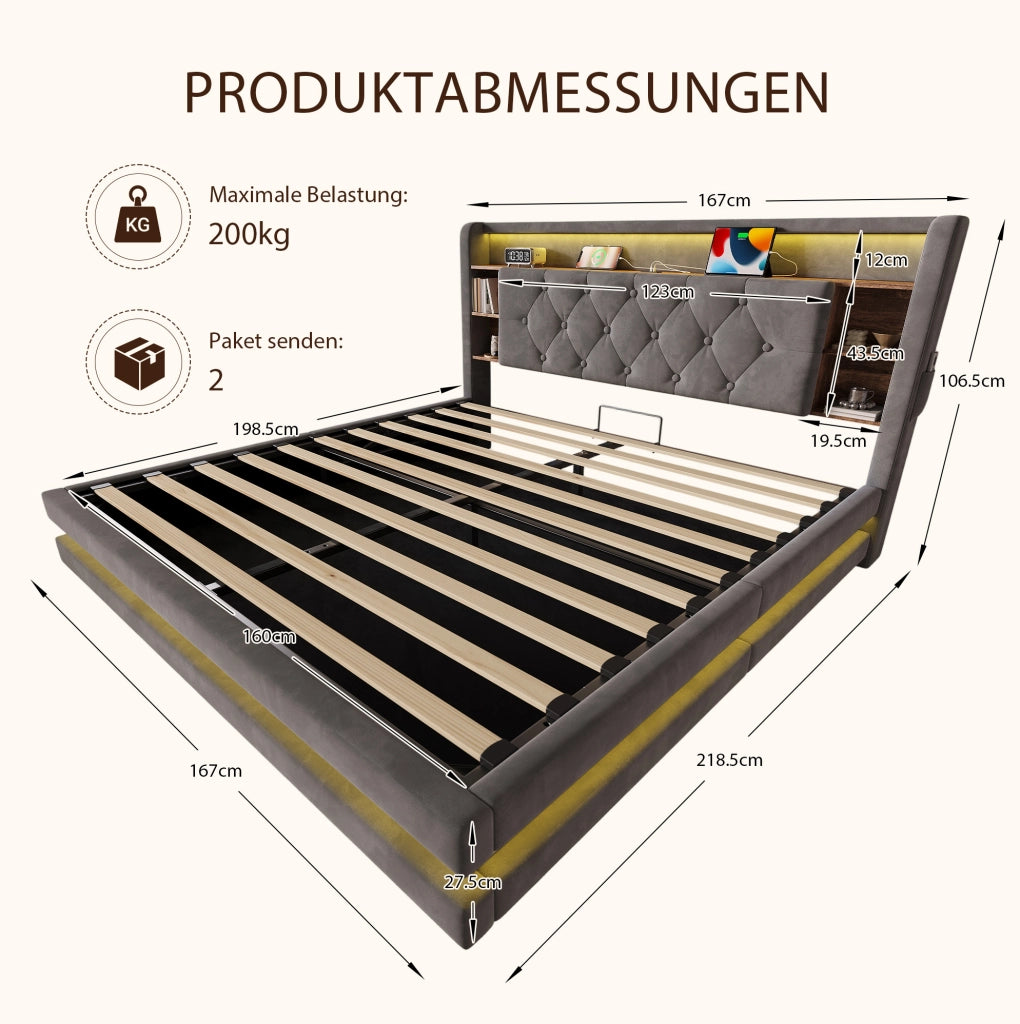 Letto imbottito 160x200 cm con contenitore, LED e USB, grigio scuro