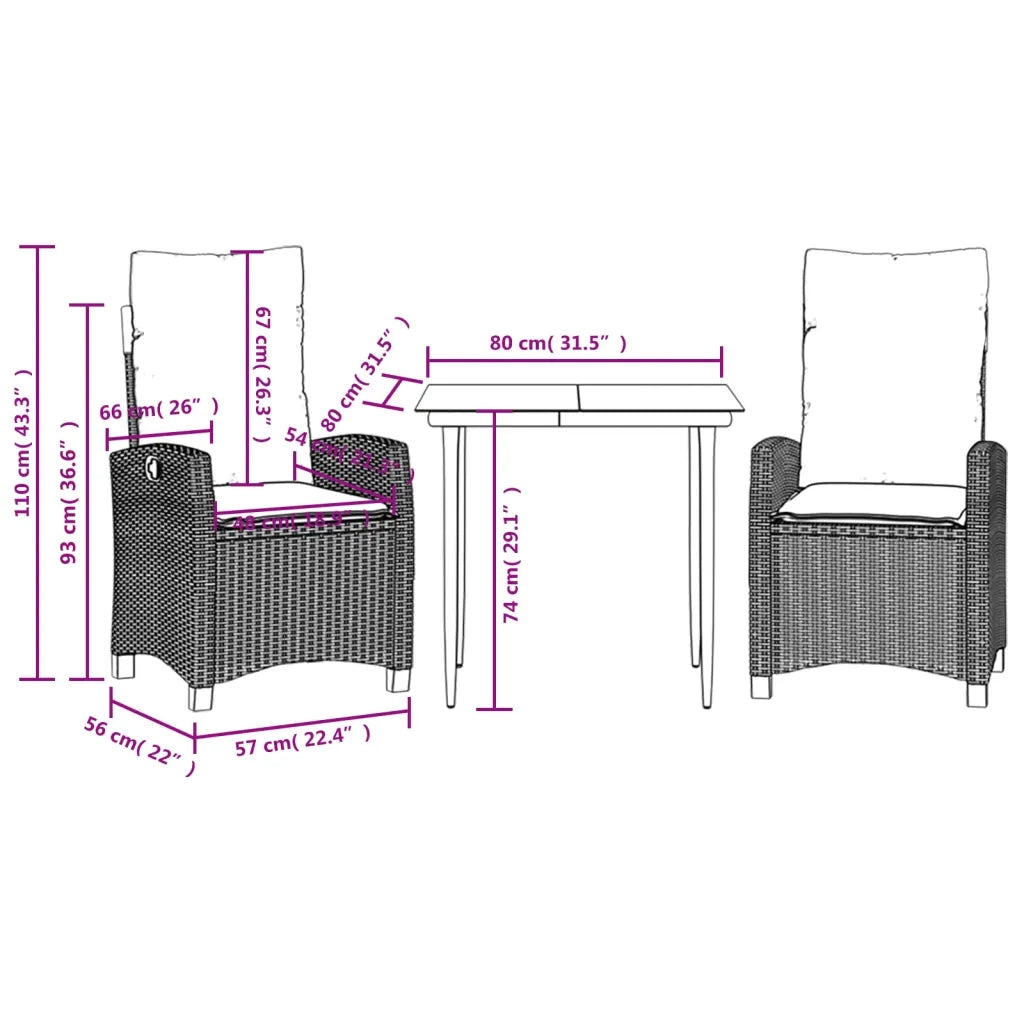 Set da Pranzo da Giardino 3pz con Cuscini in Polyrattan Marrone