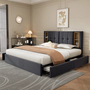 Letto matrimoniale 160x200 cm con ricarica wireless; USB C e 4 cassetti; lino grigio