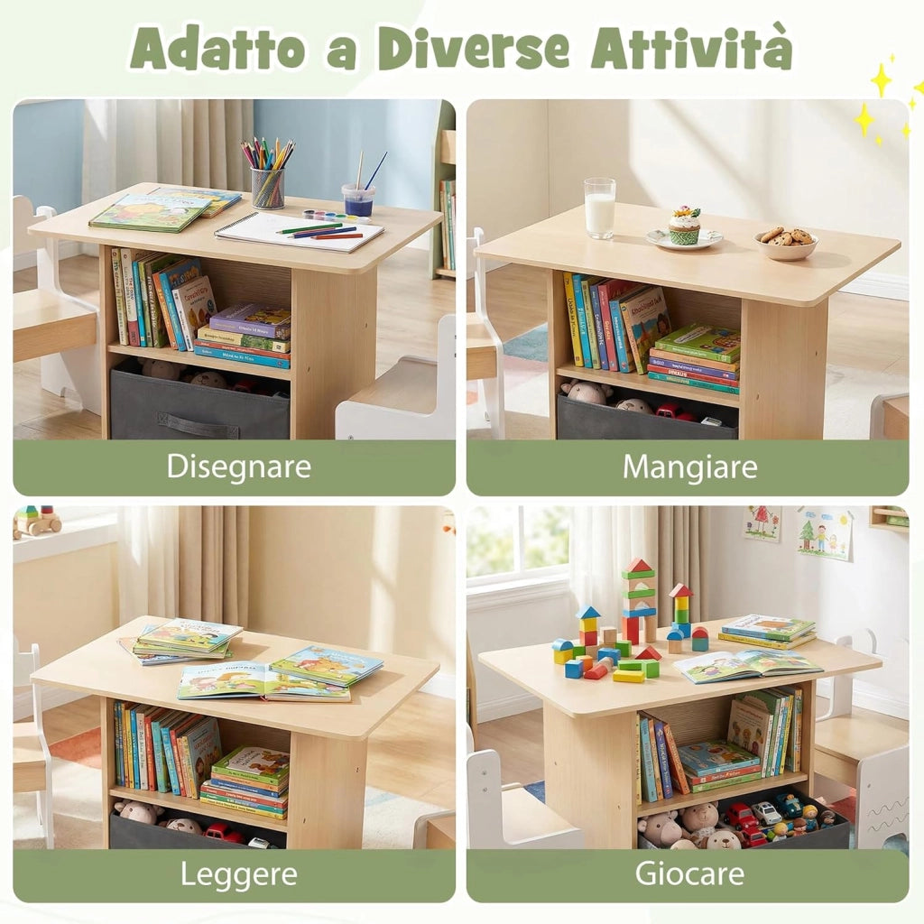 Set di Tavolo e 2 Sedie per Bambini 3+ Anni, Tavolo e 2 Sedie in Legno con Scomparti Doppio Lato e Cassetto Pieghevole in Tessuto, Ideale per Leggere, Giocare per Cameretta Bambini (Bianco)