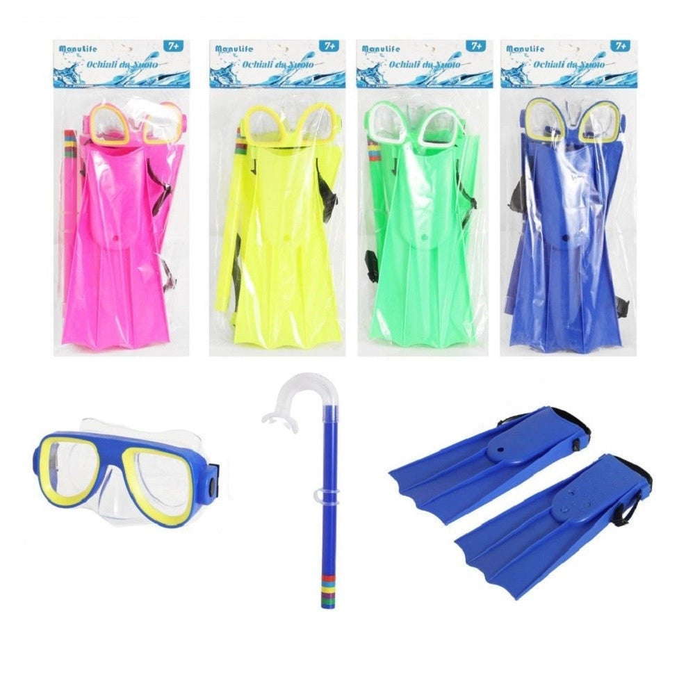 Trade Shop - Set Sub Maschera 16x10cm Boccaglio Pinne 28cm Colorato Nuoto Mare Estate 605417 -