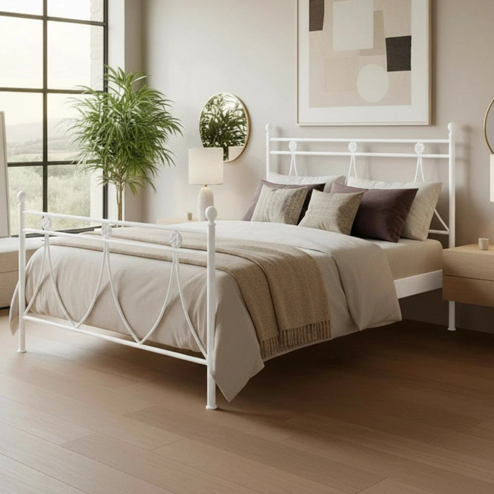 Letto in ferro una piazza e mezza Melissa con decoro floreale bianco opaco 130x200 cm.