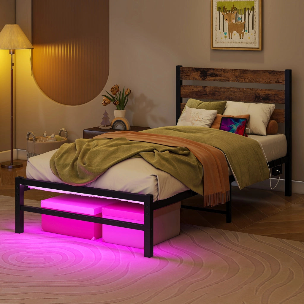 Letto in metallo con USB e LED 90x200 cm MDF marrone e metallo