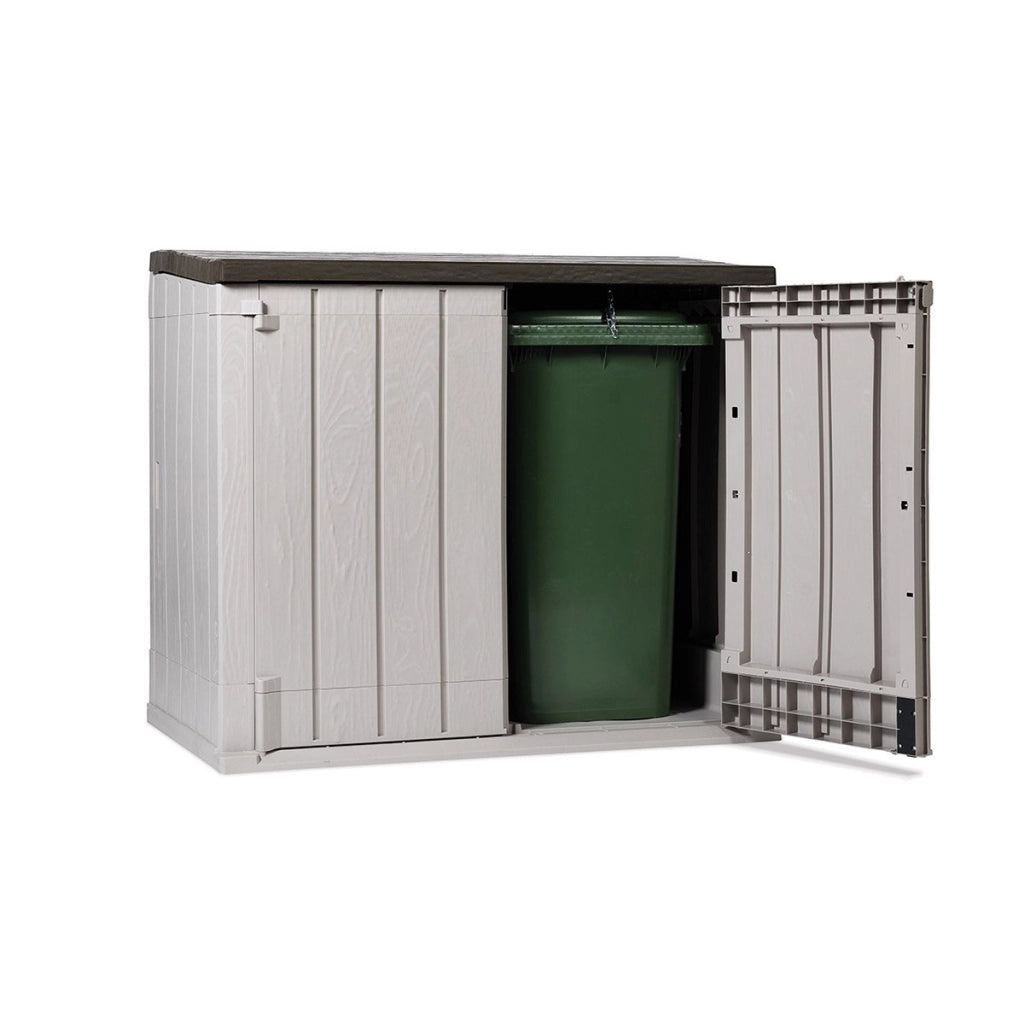 Baule porta attrezzi e bidoni da esterno Stora Way Plus XL 1270 litri in resina con doppia anta e apertura assistita colore grigio talpa e marrone Toomax