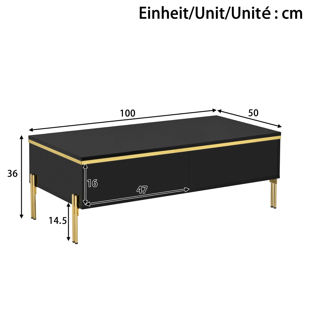 Tavolino da Salotto con 2 Cassetti Nascosti e Gambe in Metallo; Lucido; Stile Moderno; in Truciolare; Nero; 100×50×36 cm