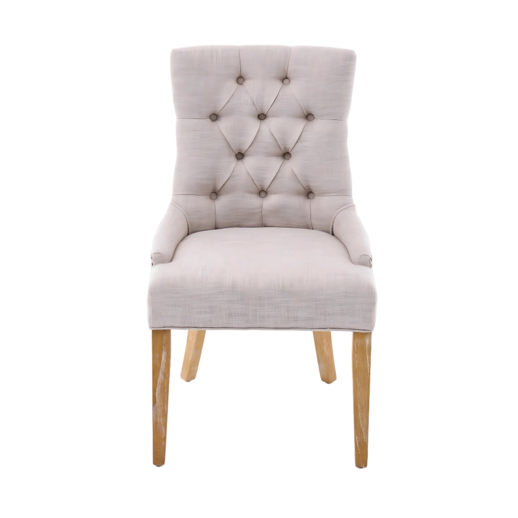 Sedia da Pranzo Imbottita con Schienale Imbottito e Gambe in Rovere, in Tessuto Beige