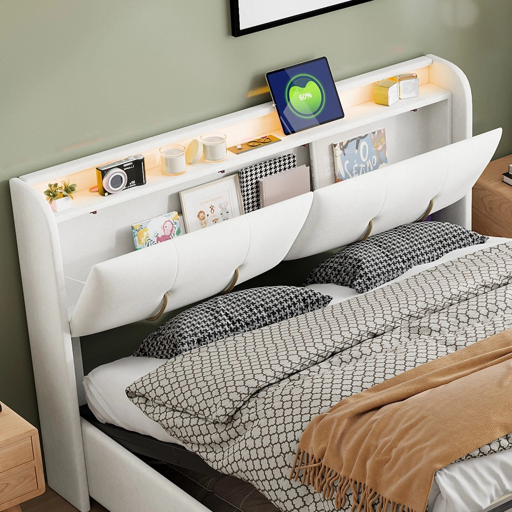 Letto contenitore matrimoniale con LED ¨C Minimal ¨C velluto beige 160x200cm