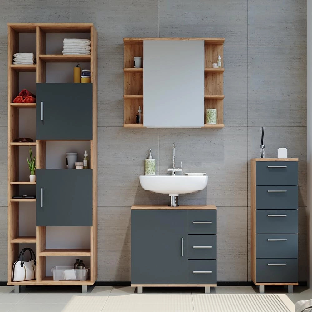 Set mobili bagno Ilias, Rovere, 60 cm, composto da mobile lavabo, pensile a specchio, colonna e base media