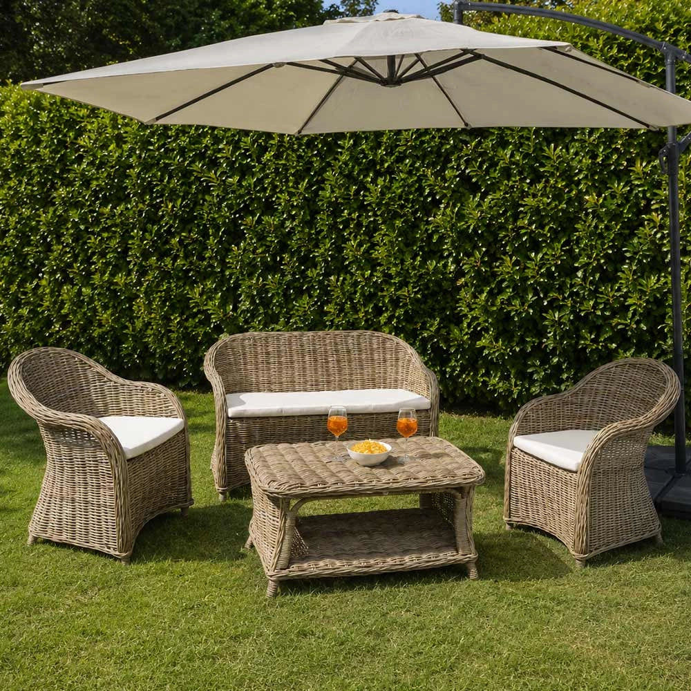 Salotto in rattan grigio intrecciato 1 divanetto 2 poltrone 1 tavolino Roma