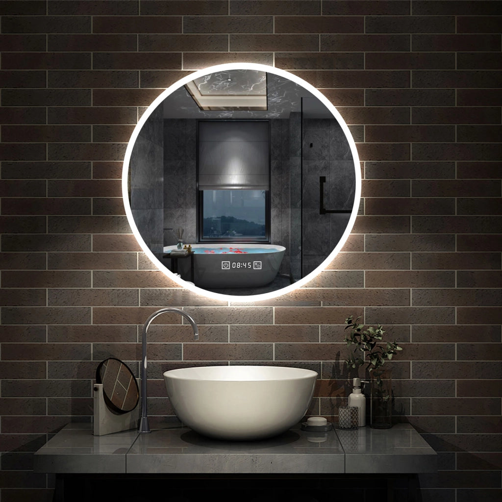 Aica Specchio da bagno a LED+Diametro 80cm+3 Temperature di Colore+Funzione Antiappannamento+orologio