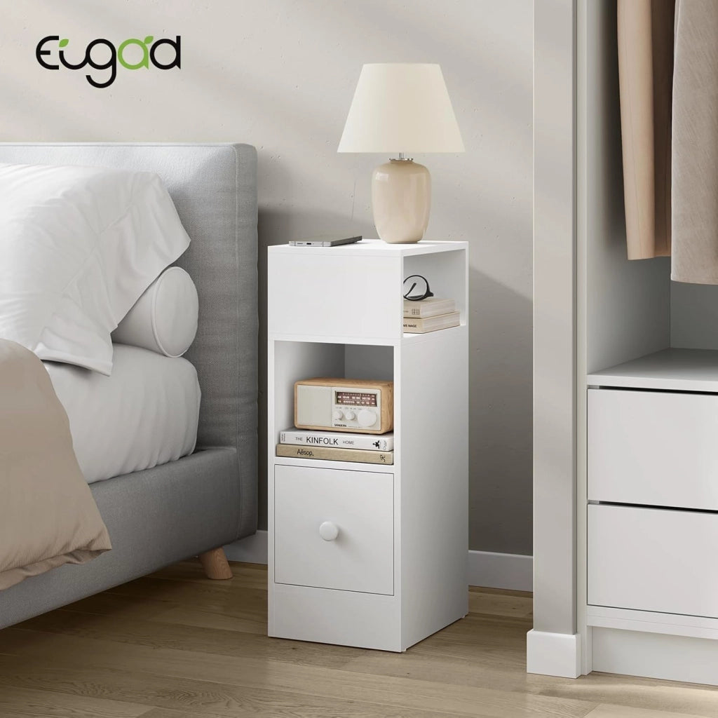 Set di 2 Comodino Stretto, Comodino con 2 Scomparti a Giorno e Cassetto, Tavolino da Notte 25x30x66cm, Mobile Salvaspazio per Camera da Letto, Soggiorno, in Truciolato, Bianco, 0179ZZ-2