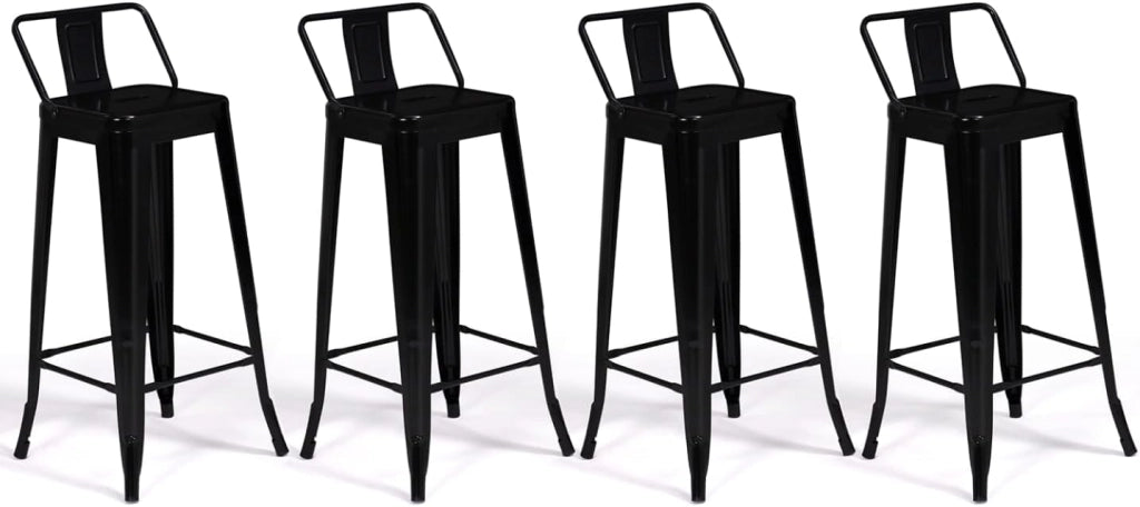 Set di 4 sgabelli da bar LENY in metallo nero opaco impilabili con schienale