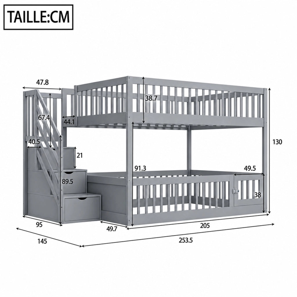Letto a castello per bambini 140 × 200 cm con scala di sicurezza e cassetti in legno grigio